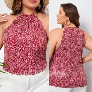 Plus Halter top , Boho Floral Ditsy Floral Ruched Blouse, Summer Tank top